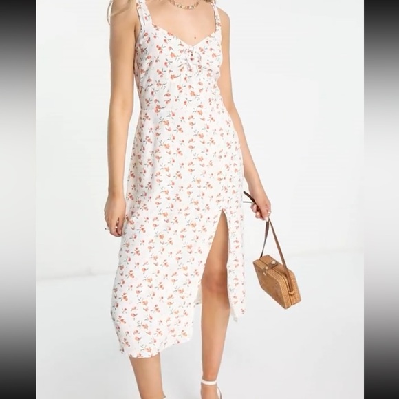 Abercrombie & Fitch Cinch Front Midi Dress Side Slit Peaches Medium Summer Dress - Picture 15 of 16